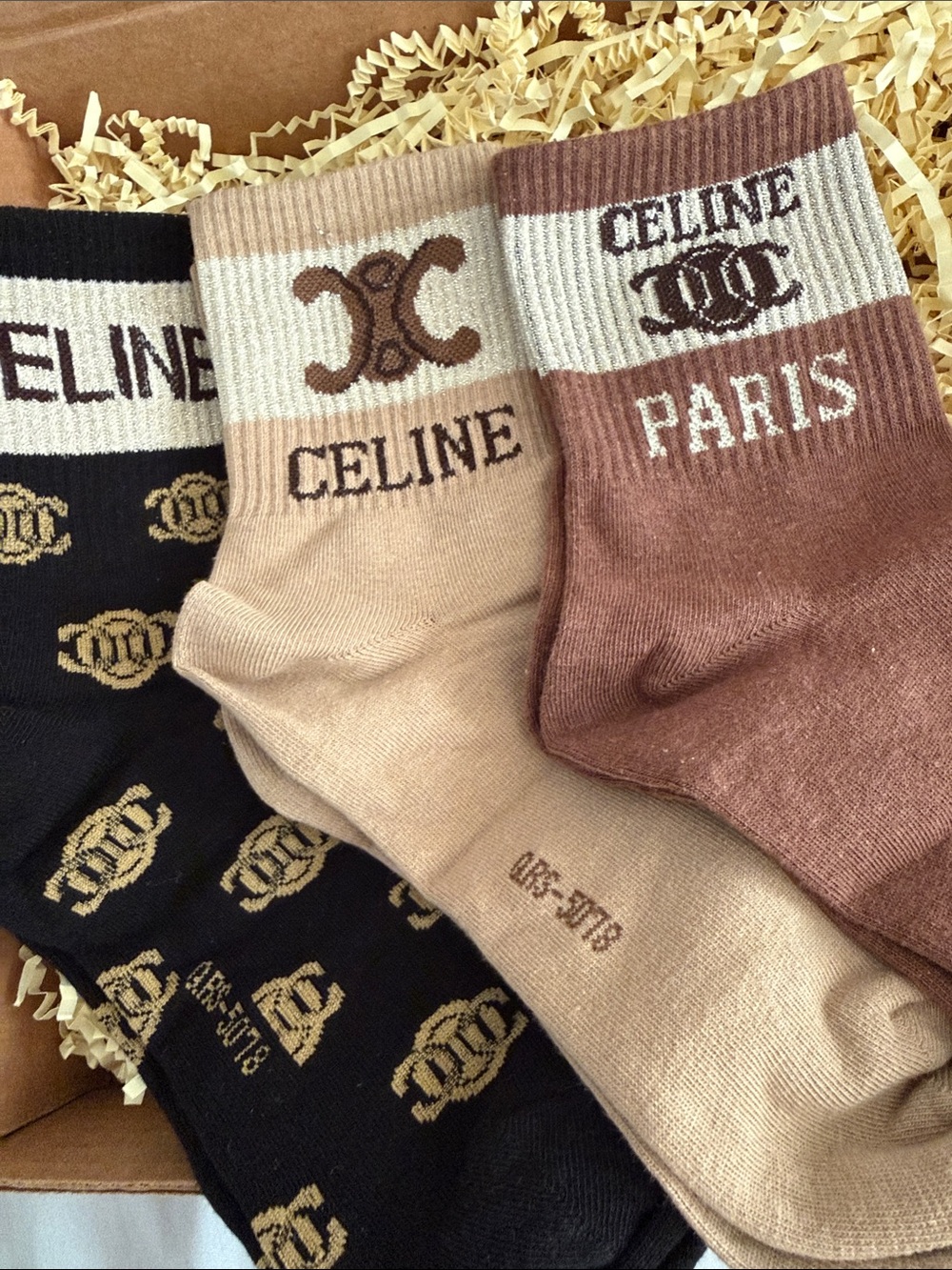 Woman’s designer Logo Crew Socks - Black, Beige, Brown